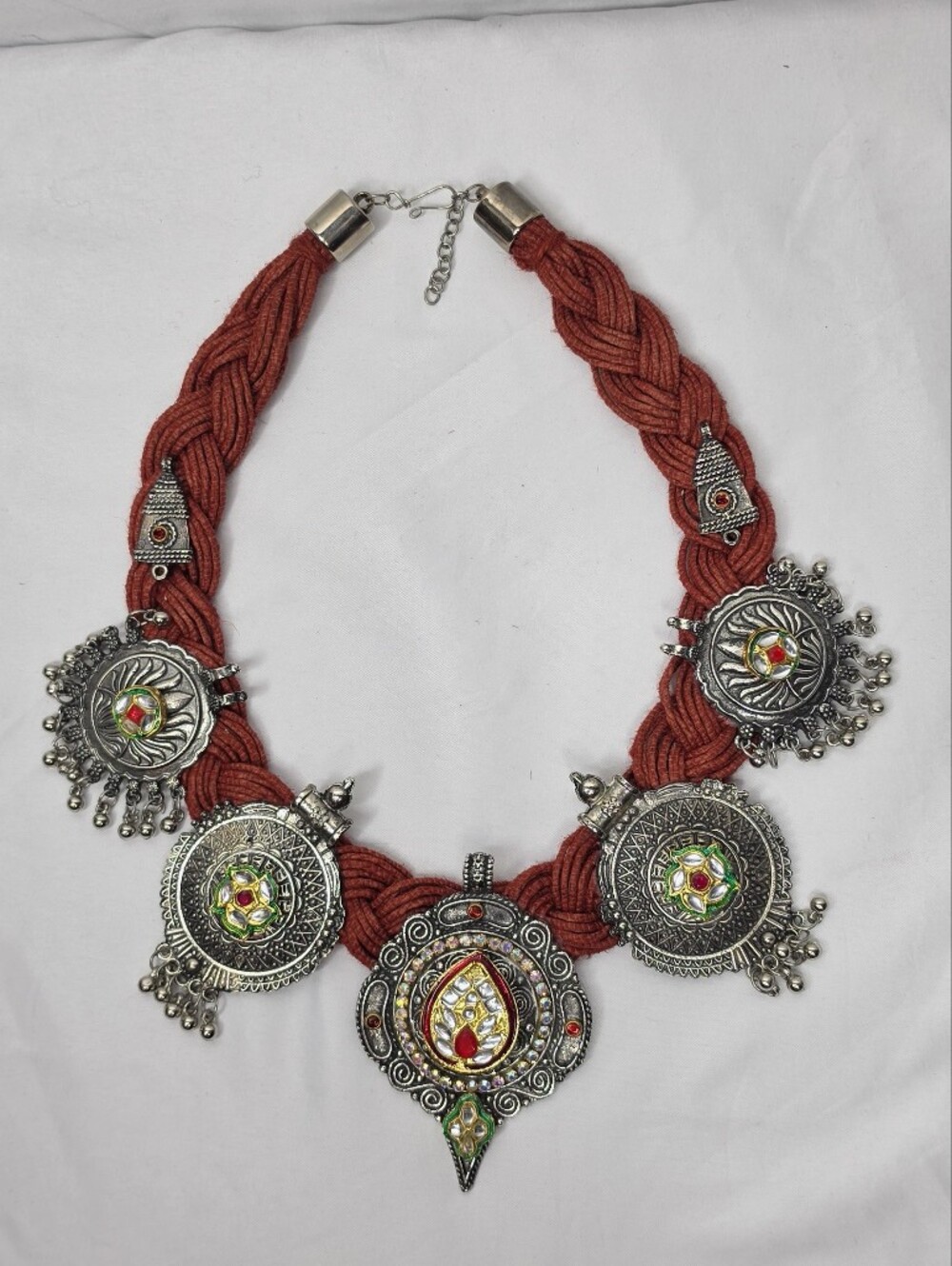 Indian Oxidized Silver Kundan Red Thread Braided Cord Statement Choker Necklace